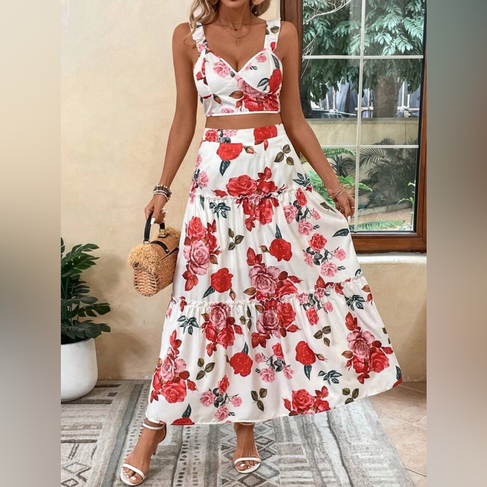 Floral Maxi Skirt - Red and Green - Picture 2 of 9